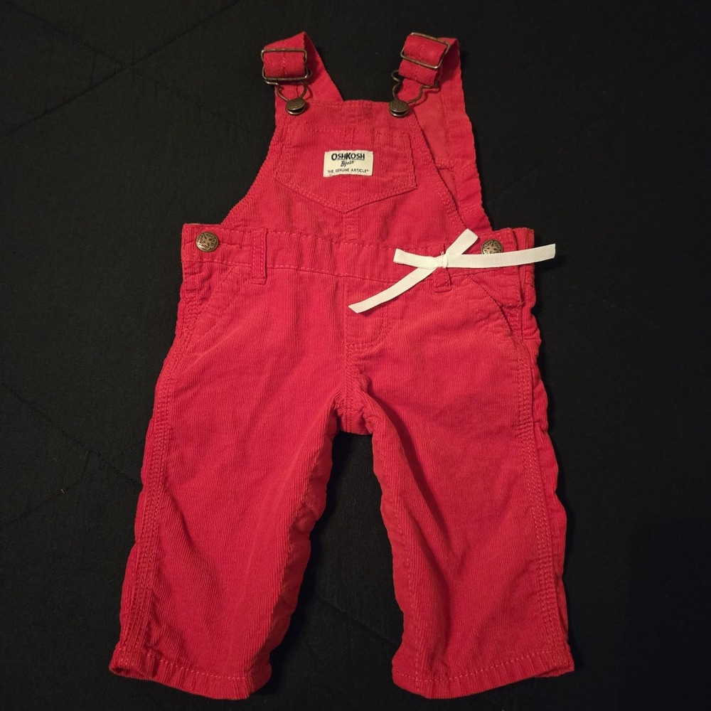 OshKosh B'gosh Overalls Girls 0-3 Months Red Corduroy‎ 100% Cotton Ribbon Bow